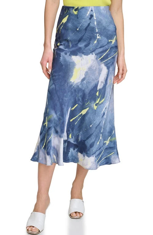 DKNY Printed Satin Midi Skirt in Fluoro Yellow/Inky Blue Multi at Nordstrom, Size X-Large