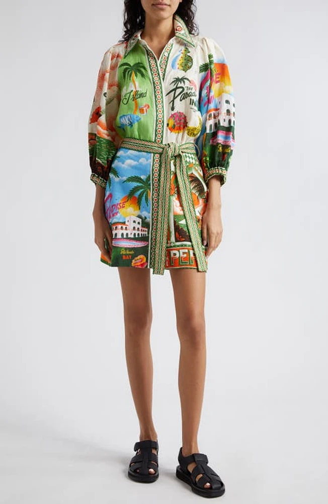 ALEMAIS Paradiso Tie Waist Long Sleeve Minidress Green Multi at Nordstrom,