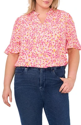 CeCe Floral Ruffle Detail Blouse Pink/New Ivory at Nordstrom,