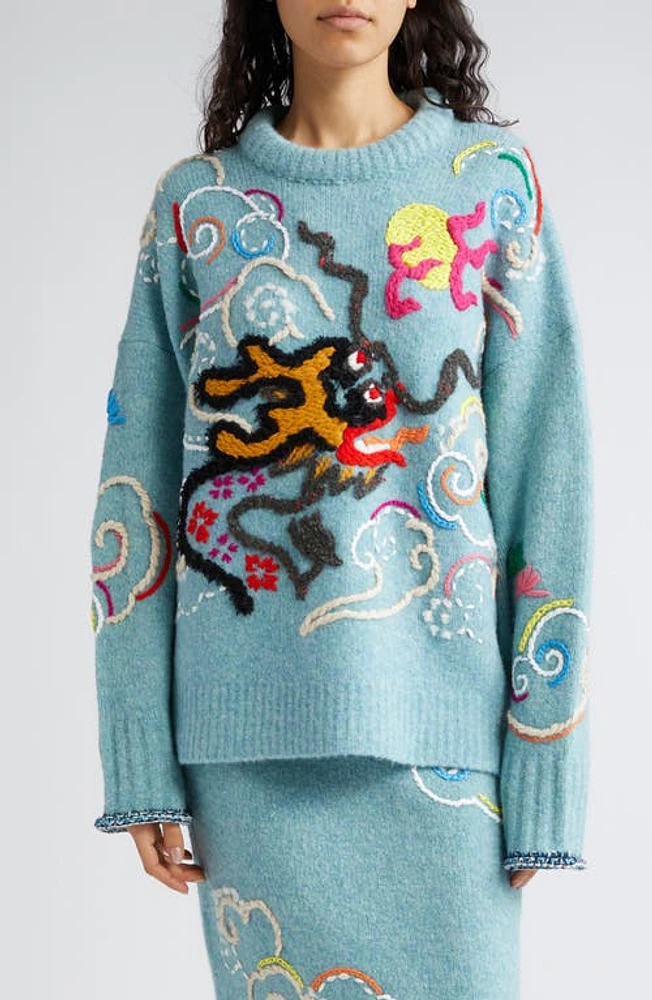 YanYan Dragon Embroidered Wool Blend Crewneck Sweater in Blue at Nordstrom, Size Large