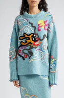 YanYan Dragon Embroidered Wool Blend Crewneck Sweater in Blue at Nordstrom, Size Large