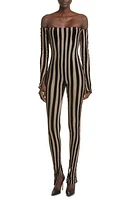 LaQuan Smith Velvet Stripe Off the Shoulder Mesh Catsuit in Nude/Black at Nordstrom, Size Large