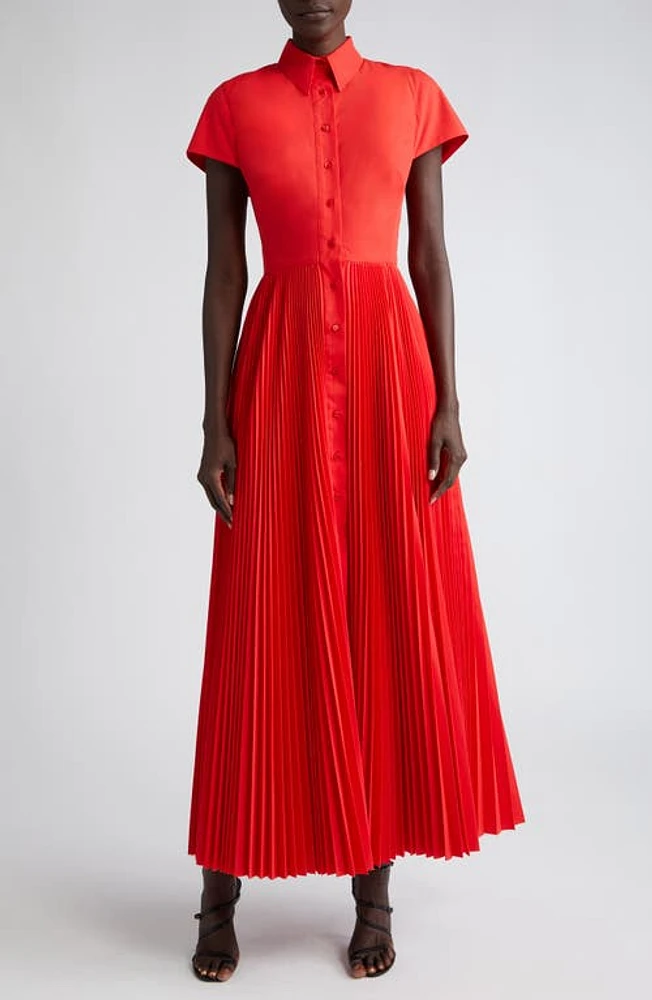 Brandon Maxwell Megan Pleated Cap Sleeve Cotton Shirtdress Red at Nordstrom,