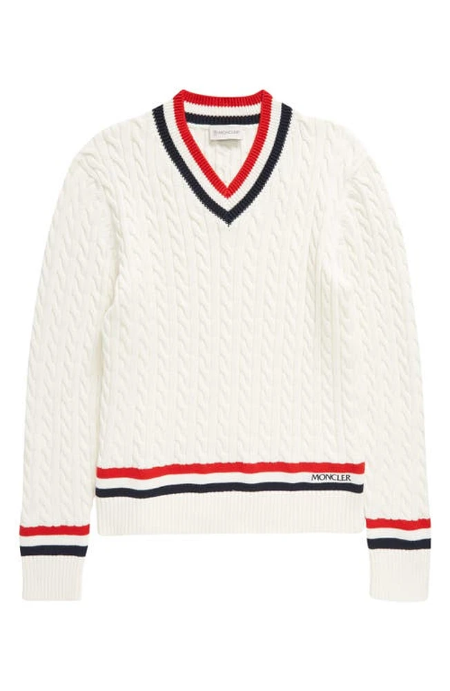 Moncler Kids' Tricolor Trim Cable Cotton Sweater in White at Nordstrom, Size 10Y