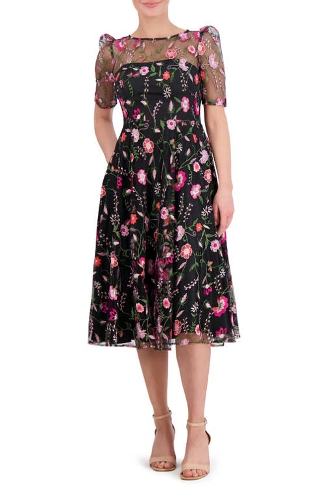 Eliza J Embroidered Illusion Neck Cocktail Midi Dress Black Magenta at Nordstrom,