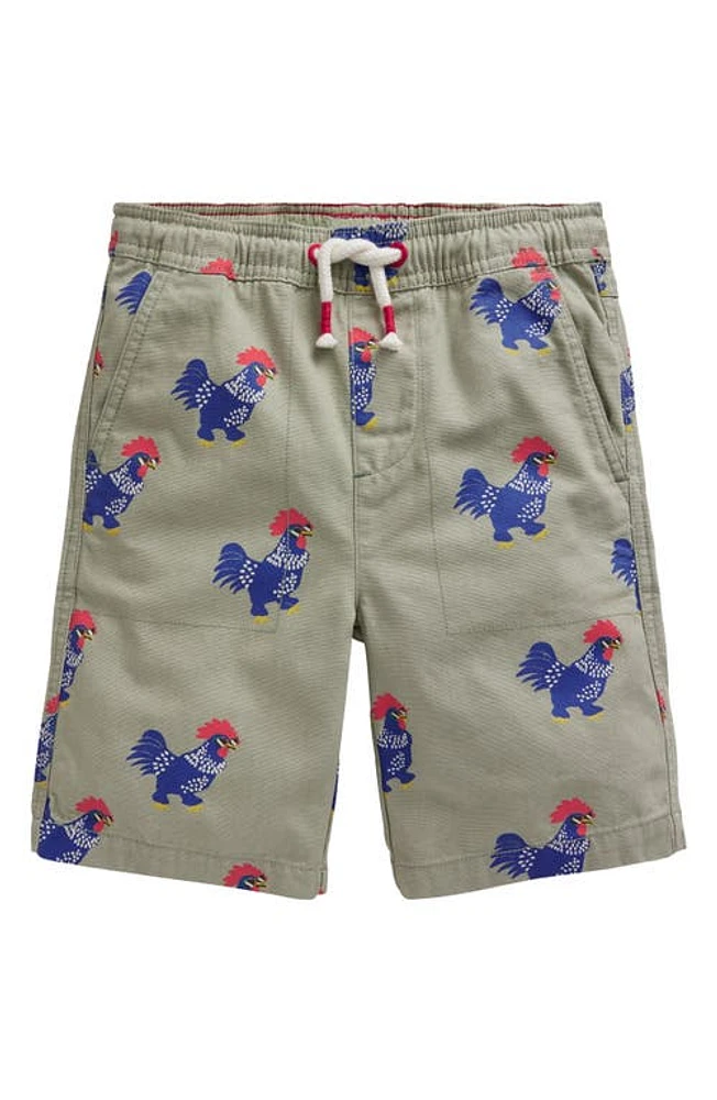 Mini Boden Kids' Hen Print Cotton Drawstring Shorts Pottery Green at Nordstrom,