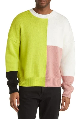 FRAME Gender Inclusive Colorblock Merino Wool Sweater in Flash Lime Multi at Nordstrom, Size Small