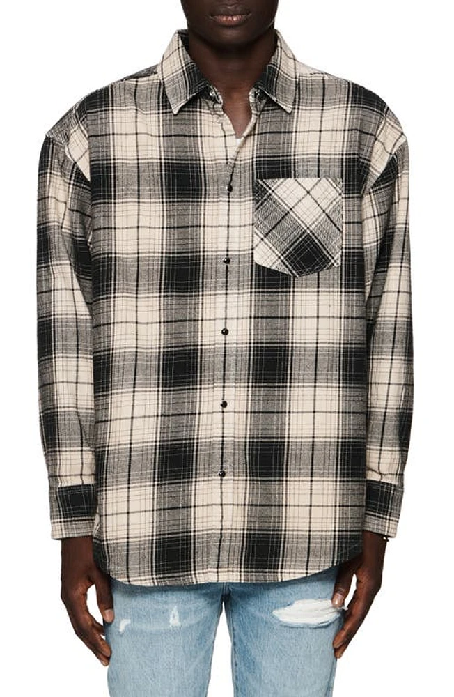 PURPLE BRAND Oversize Plaid Snap-Up Western Shirt Brown at Nordstrom,