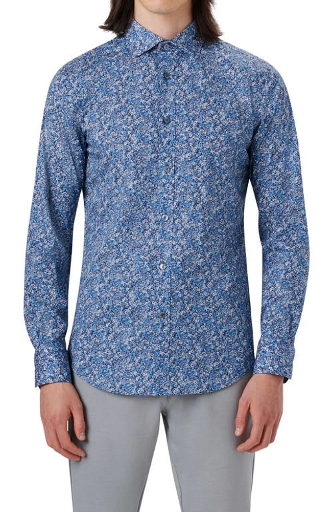 Bugatchi Shaped Fit Abstract Print Stretch Cotton Button-Up Shirt in Night Blue at Nordstrom, Size Xx-Large