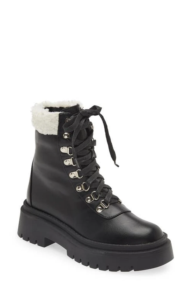 Billini Ferria Combat Boot with Faux Shearling Trim in Black-Cream Shearling at Nordstrom, Size 9