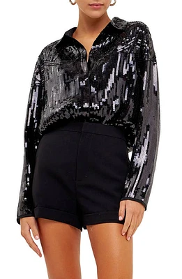 Endless Rose Sequin Button-Up Shirt Black at Nordstrom,