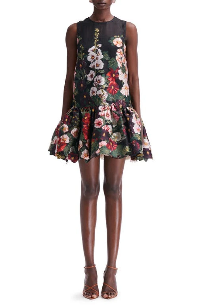 Oscar de la Renta Hollyhock Print Drop Waist Sleeveless Dress in Pink/Black at Nordstrom, Size 4