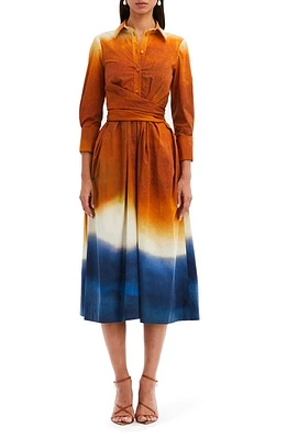 Oscar de la Renta Abstract Ombré Stretch Cotton Poplin Shirtdress Canyon/Navy at Nordstrom,