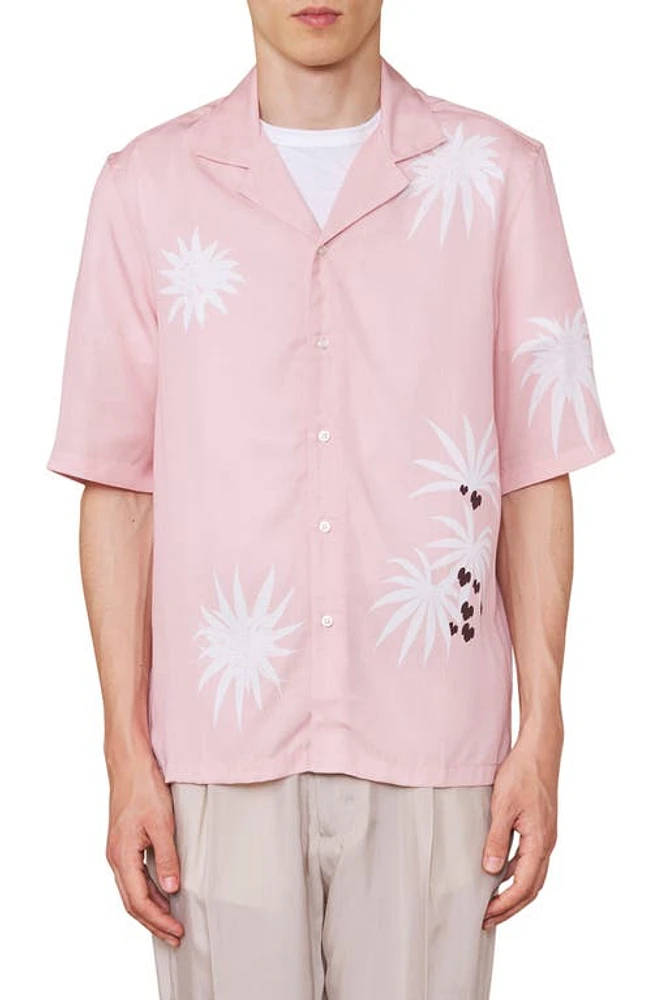 Officine Générale Eren Palm Tree Short Sleeve Button-Up Shirt Smoked Pink/White at Nordstrom,