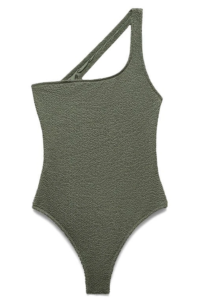 MANGO Textured One-Shoulder One-Piece Swimsuit Olive Green at Nordstrom,