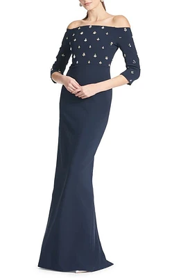 Sachin & Babi Amarette Crystal Detail Off the Shoulder Stretch Crepe Gown Dark Midnight at Nordstrom,