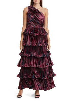 Hutch Enza Tiered One-Shoulder Gown in Wine Watercolor Floral at Nordstrom, Size 00