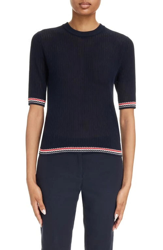 Thom Browne Stripe Rib Cotton & Silk Sweater Navy at Nordstrom, Us