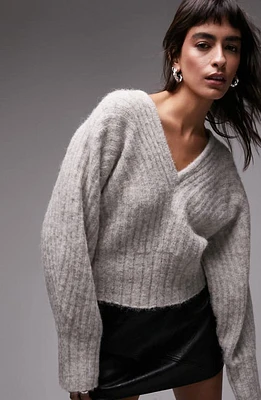 Topshop V-Neck Ovoid Sleeve Rib Sweater in Stone at Nordstrom, Size Large