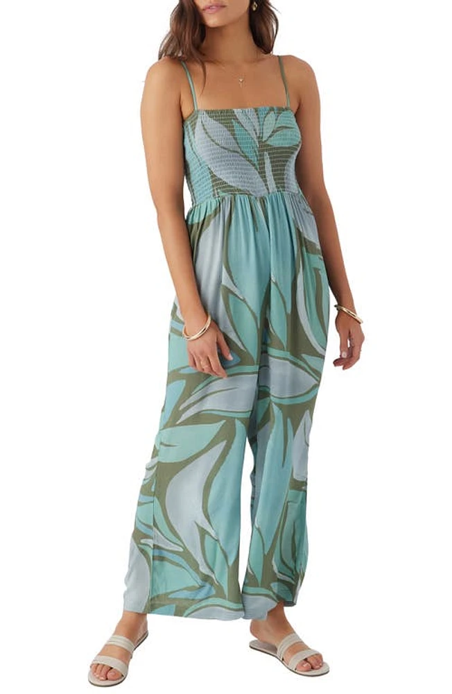 O'Neill Cade Smocked Wide Leg Jumpsuit Oil Green at Nordstrom,