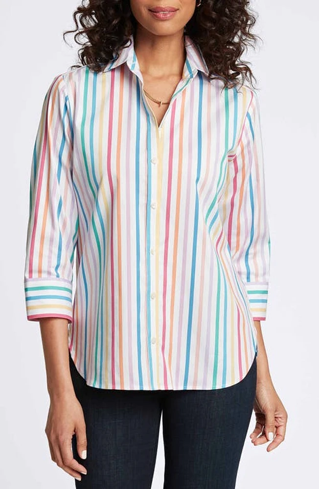 Foxcroft Meghan Rainbow Stripe Button-Up Shirt White Multi at Nordstrom,