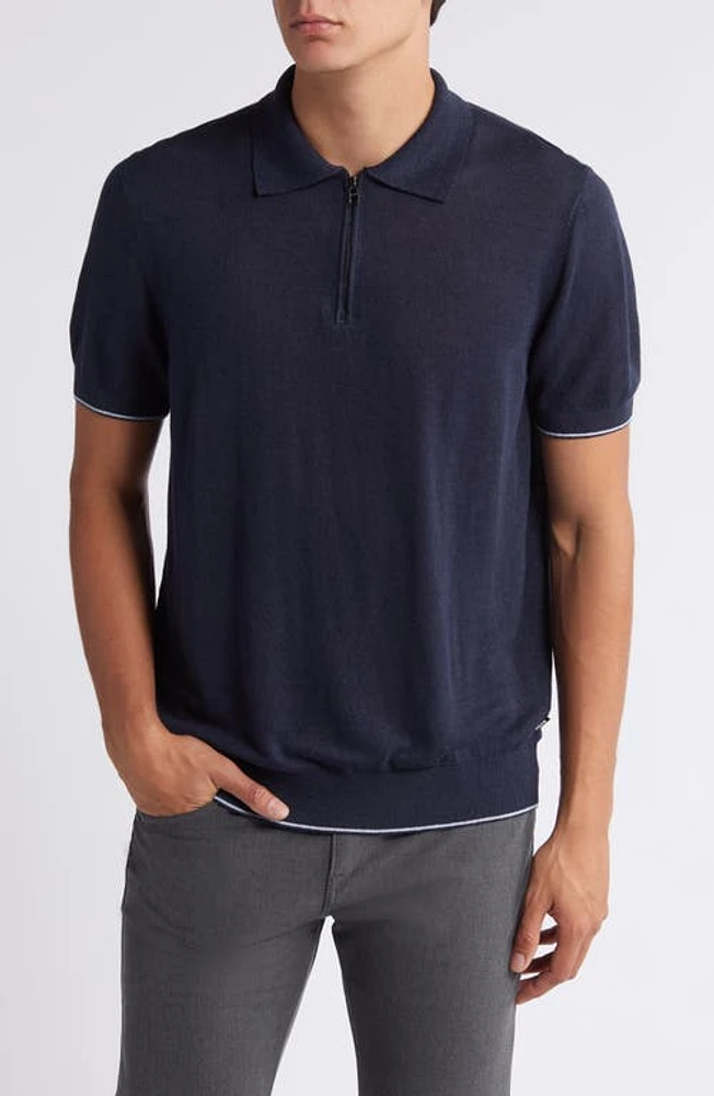 BOSS Trieste Linen Blend Zip Polo Dark Blue at Nordstrom,