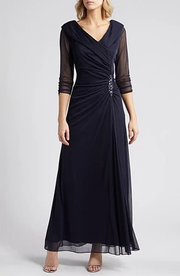 Alex Evenings Pleated Portrait Collar Chiffon Gown Navy at Nordstrom,