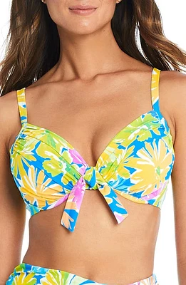 Rod Beattie Spring it On Tie Front D-Cup Underwire Bikini Top Blue/Floral Multi at Nordstrom,