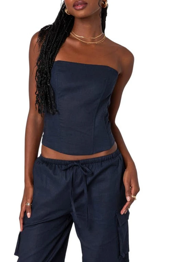 EDIKTED Bristol Linen Blend Corset Top Navy at Nordstrom,