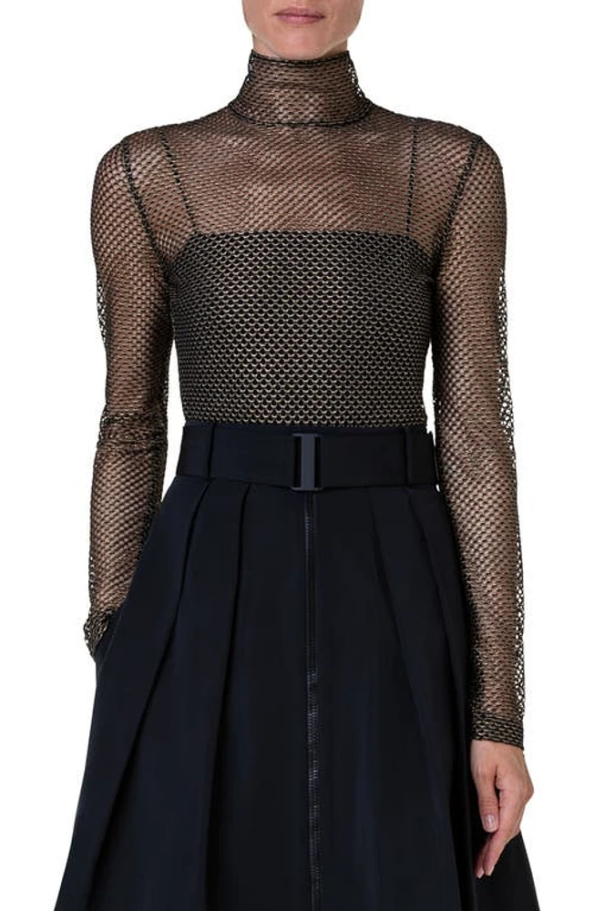 Akris punto Metallic Stretch Mesh Turtleneck Top Gold-Black at Nordstrom,