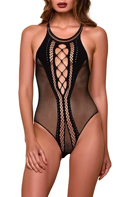 Hauty Halter Neck Fishnet Teddy in Black at Nordstrom