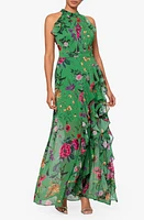 Betsy & Adam Floral Print Metallic Ruffle Chiffon Gown in Green/Multi at Nordstrom, Size 10