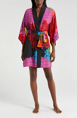 Natori Rimini Short Satin Robe in Black Multi at Nordstrom, Size Large