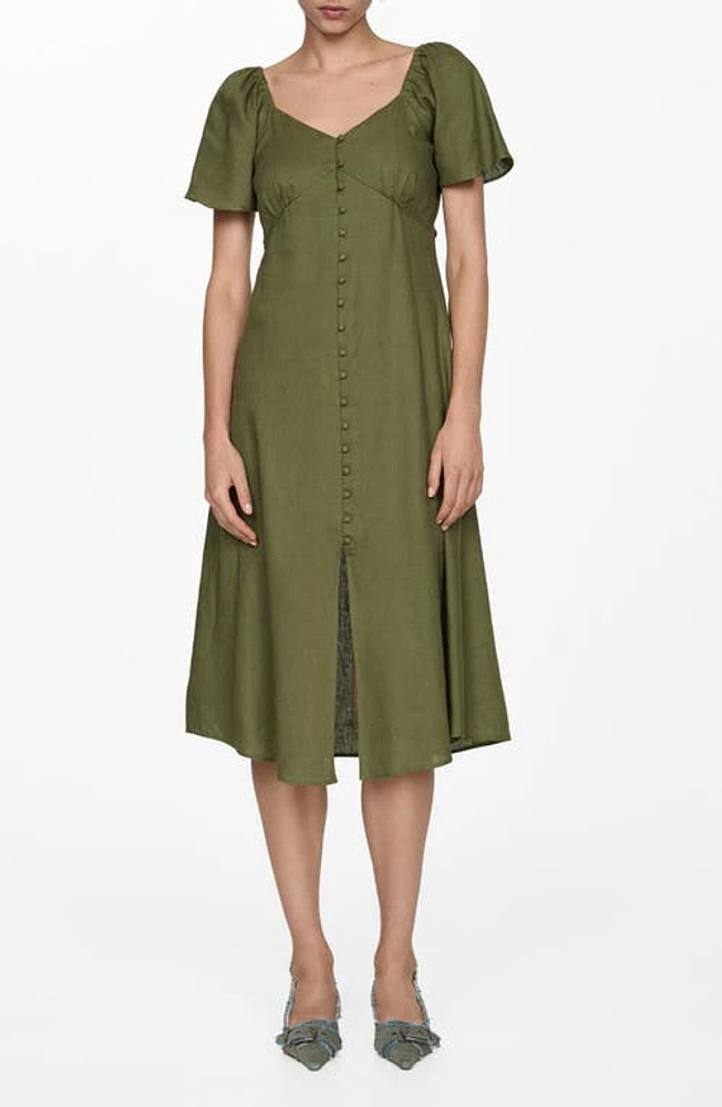 MANGO Flutter Sleeve Linen Blend Midi Dress Beige - Khaki at Nordstrom,