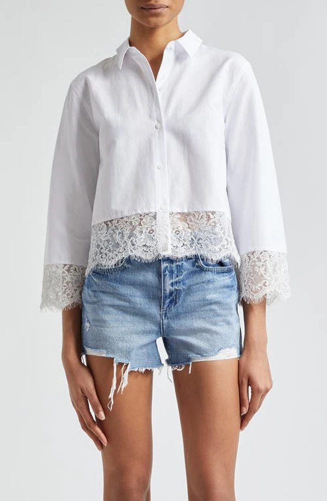 L'AGENCE Levo Lace Trim Crop Button-Up Shirt White at Nordstrom,