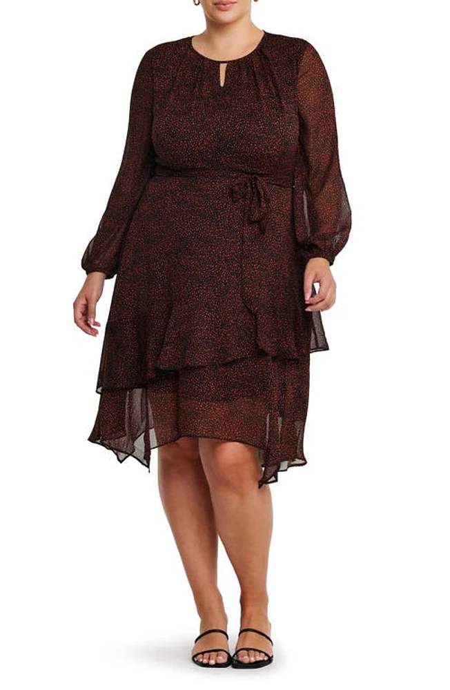 Estelle Camilla Print Tie Waist Long Sleeve Chiffon Dress Black/Walnut at Nordstrom,