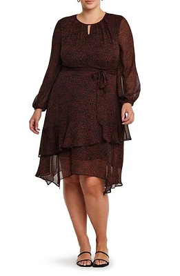 Estelle Camilla Print Tie Waist Long Sleeve Chiffon Dress Black/Walnut at Nordstrom,