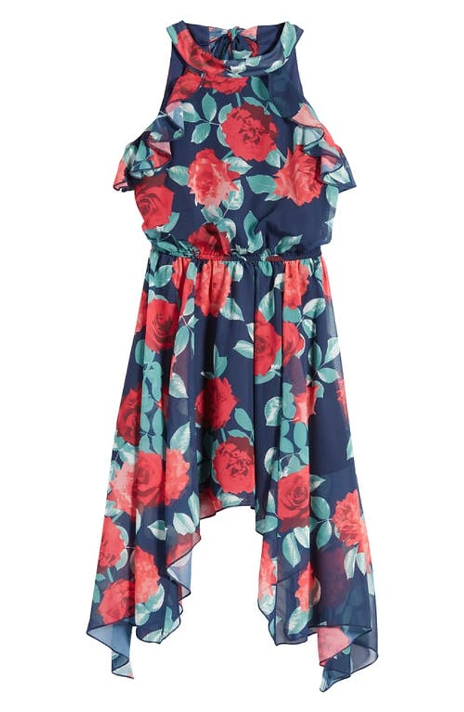 Ava & Yelly Kids' Floral Sleeveless Asymmetric Dress Navy/Red Multi at Nordstrom,