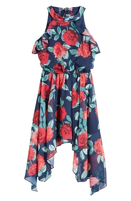 Ava & Yelly Kids' Floral Sleeveless Asymmetric Dress Navy/Red Multi at Nordstrom,