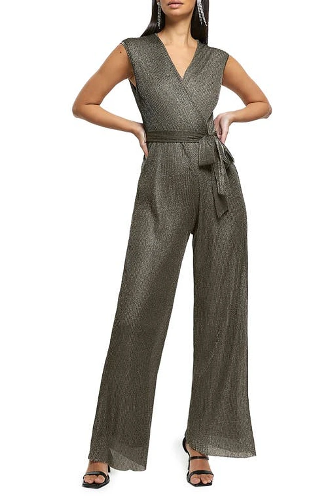 River Island Metallic Straight Leg Plissé Jumpsuit Bronze at Nordstrom,