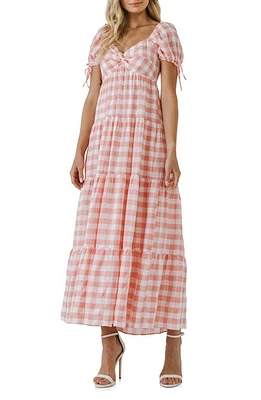 English Factory Gingham Knot Tiered Cotton Blend Midi Dress in Pink at Nordstrom, Size Small