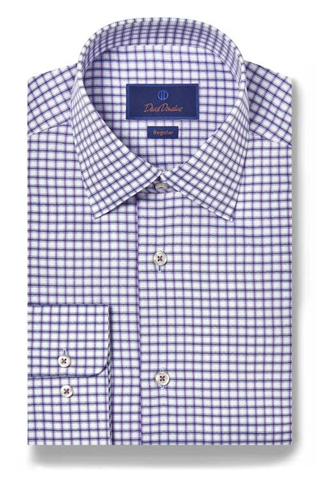 David Donahue Regular Fit Dobby Herringbone Check Dress Shirt White/Lilac at Nordstrom,