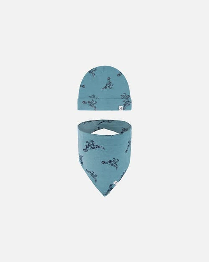 Deux Par Deux Baby Boy's Organic Cotton Hat And Bib Set Teal With Mechanical Dinosaurs Print in Teal With Dinosaurs at Nordstrom, Size 3-6M