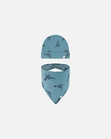 Deux Par Deux Baby Boy's Organic Cotton Hat And Bib Set Teal With Mechanical Dinosaurs Print in Teal With Dinosaurs at Nordstrom, Size 3-6M