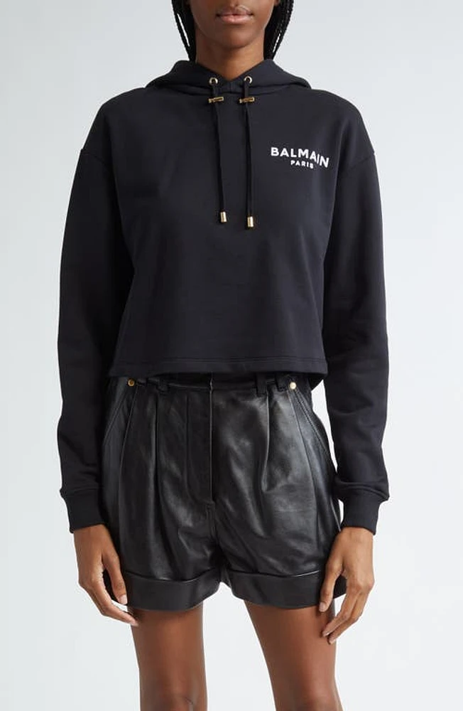 Balmain Flocked Logo Cotton Fleece Crop Hoodie Eab Black/White at Nordstrom,