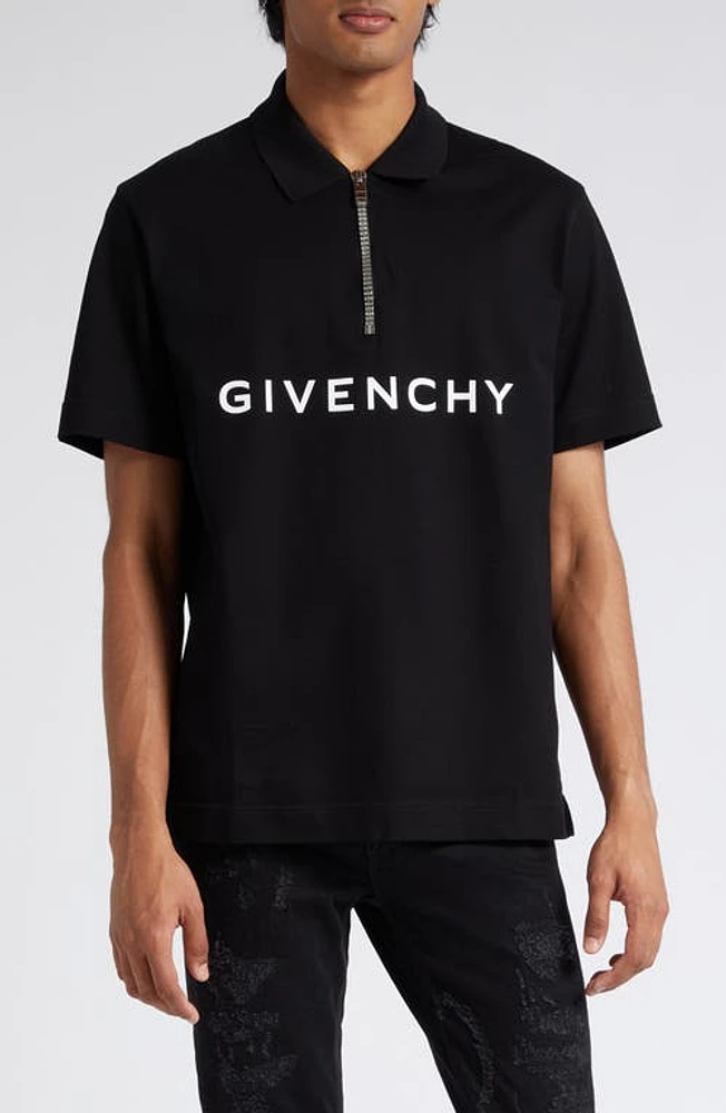 Givenchy Logo Half Zip Cotton Polo in Black at Nordstrom, Size Small