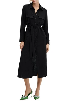 MANGO Tie Belt Long Sleeve Midi Shirtdress in Black at Nordstrom, Size 6