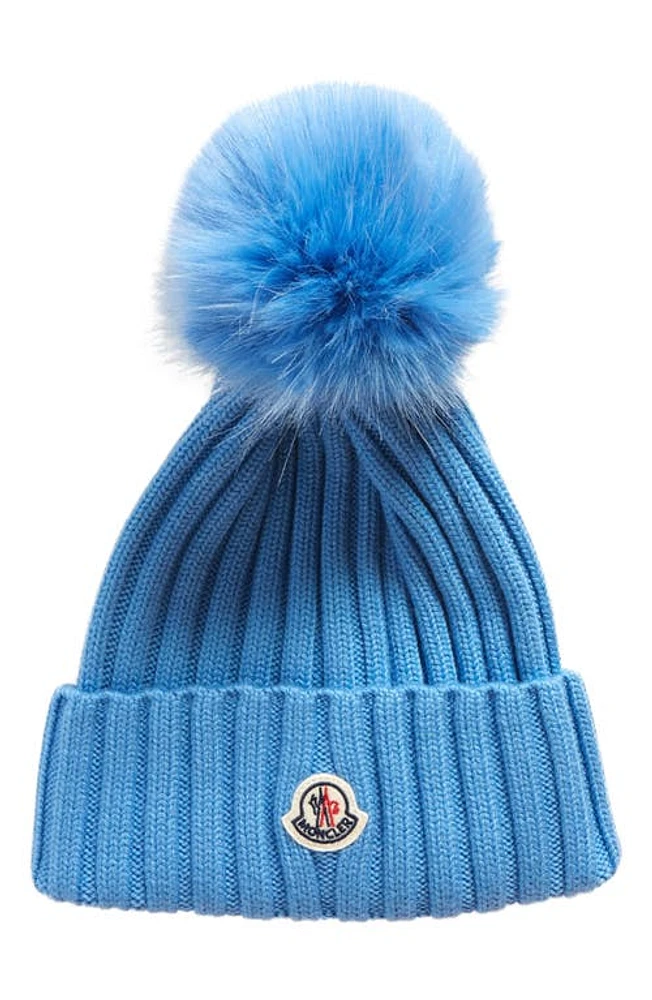 Moncler Virgin Wool Rib Beanie with Faux Fur Pompom in Light Blue at Nordstrom