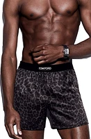 TOM FORD Leopard Print Stretch Silk Boxers in Ink at Nordstrom, Size X-Large