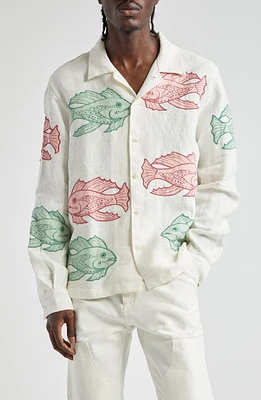 Bode Piscine Long Sleeve Linen Camp Shirt White Multi at Nordstrom,